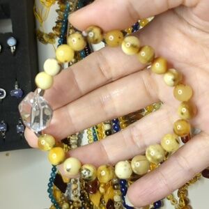 107 Real amber bracelet with natural clear quartz crystal bead